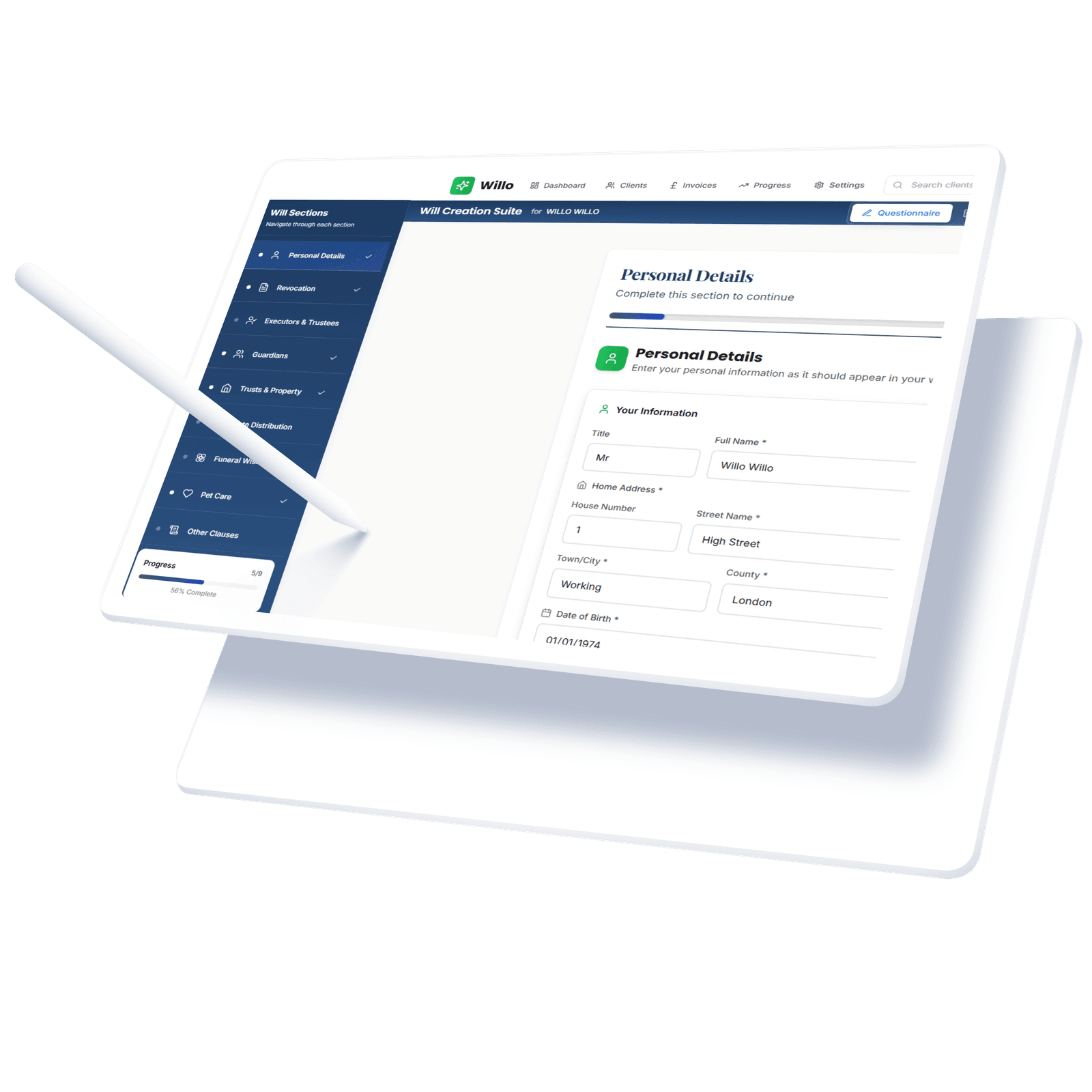 The Willo estate planning software dashboard shown on a laptop